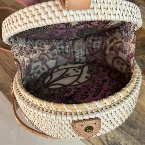 Round Woven Straw Crossbody Bag Boho Basket Purse Leather Strap - Picture 7 of 11